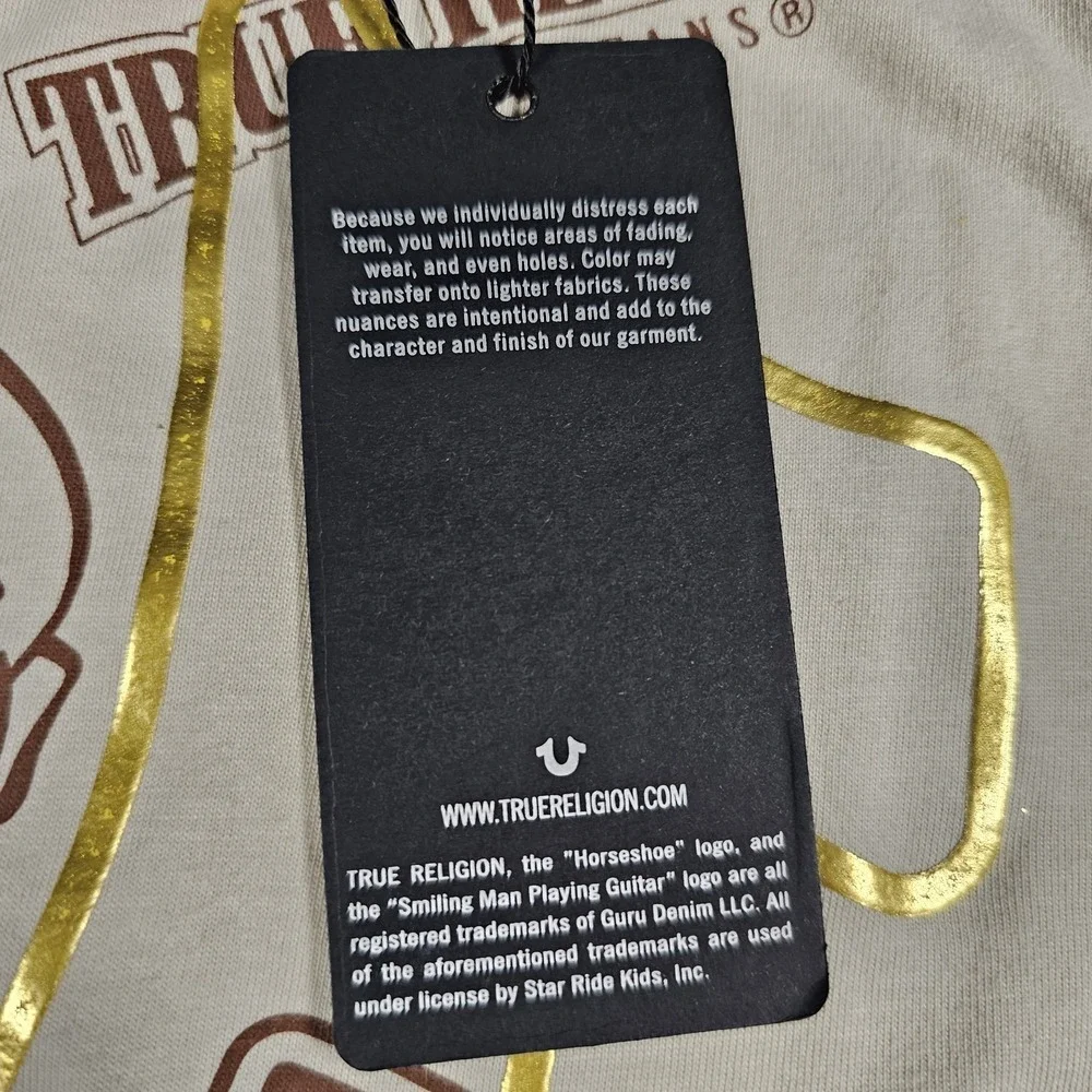 NWT True Religion Boys Medium Graphic T Shirt Beige Gold Logo World Tour